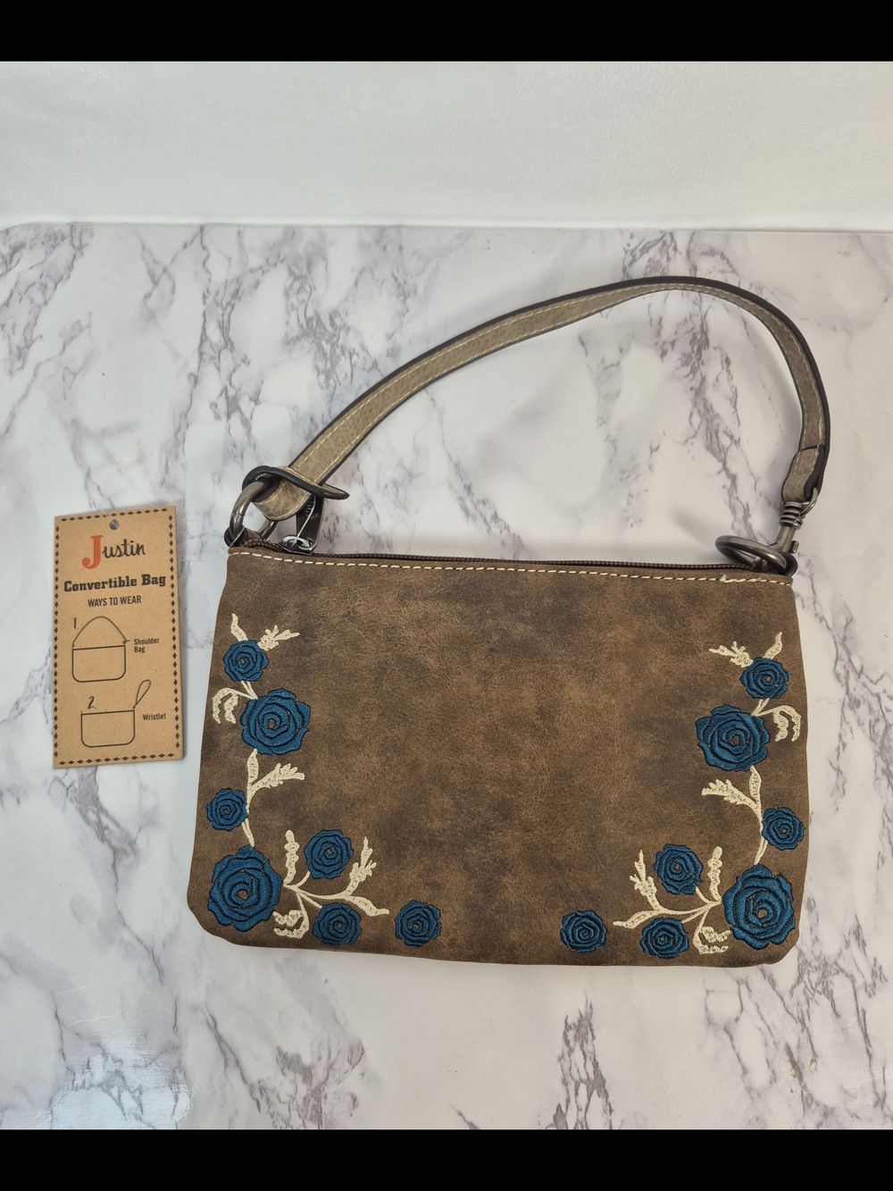 Justin Boots Brown Floral-Embroidered Convertible Bag NWT